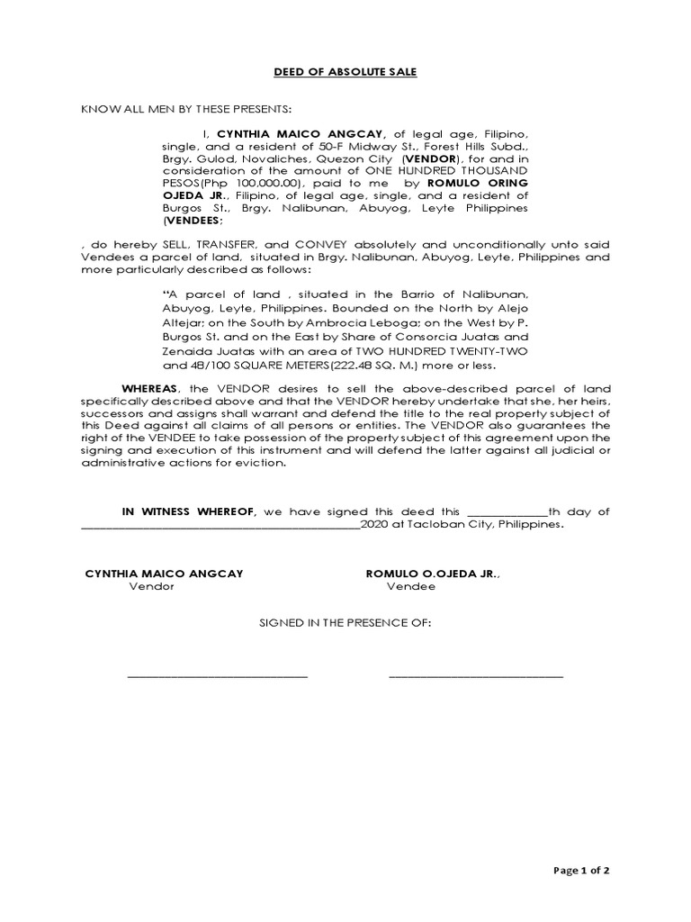 Deedofsale (Angcay) PDF Deed Philippines