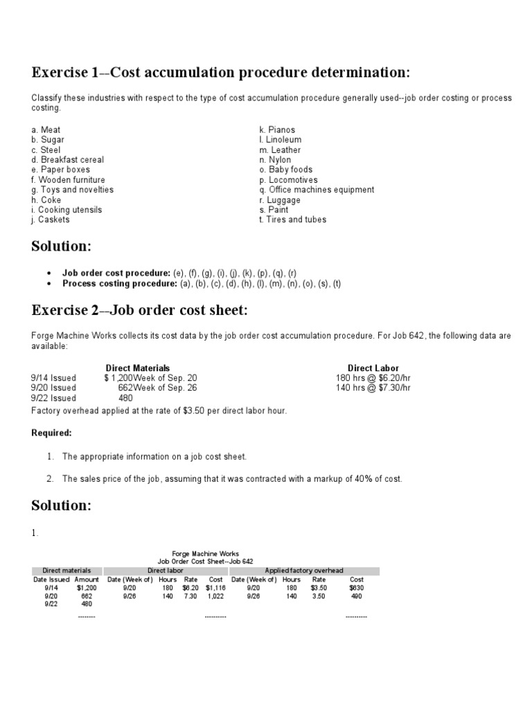 Exercise Job Costing Cost Of Goods Sold Debits And Credits
