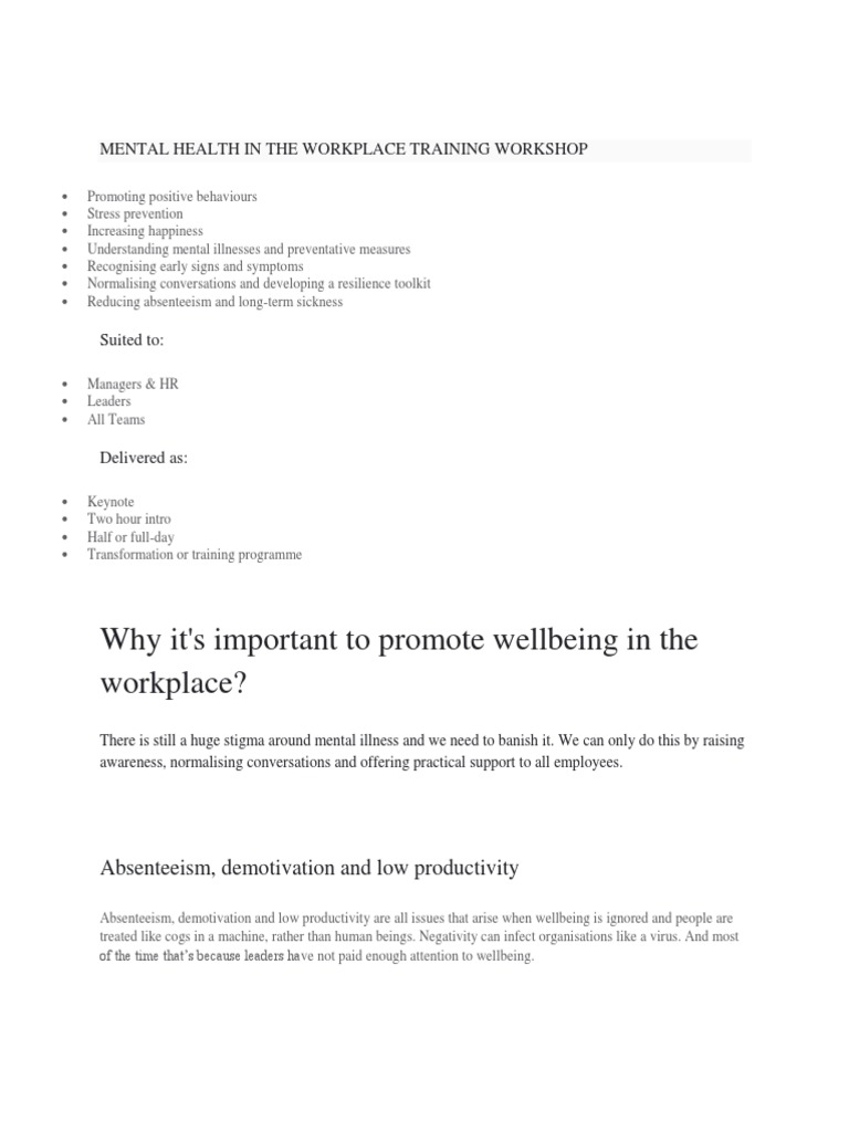 Mental Health Training Workshop Overview | PDF | Mental Disorder | Well ...
