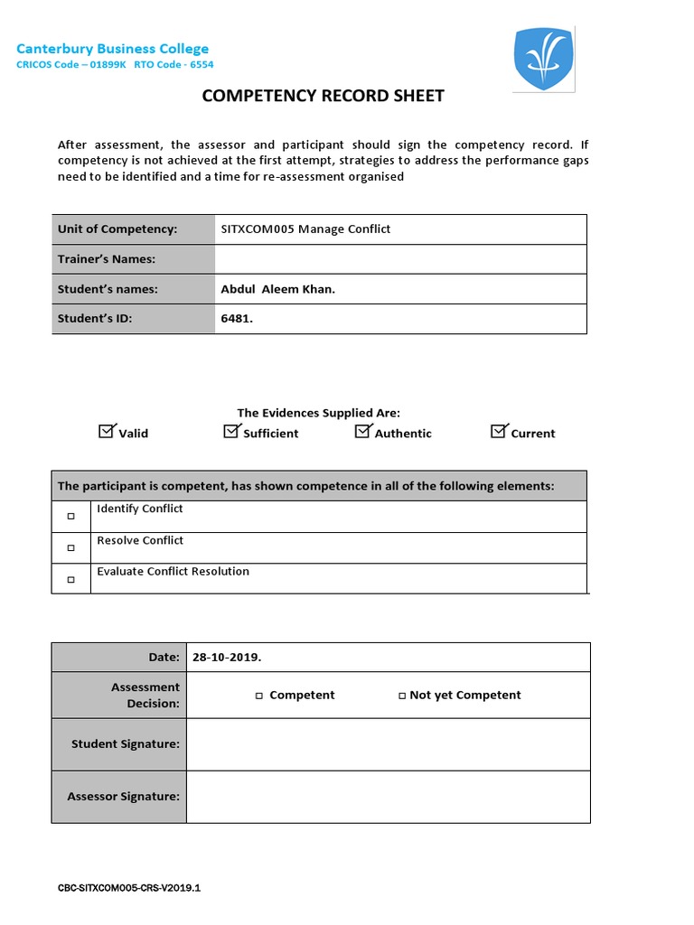 Competency Record Sheet | PDF | Finance & Money Management