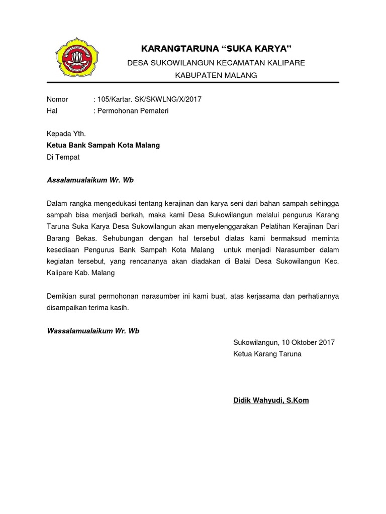 Surat Permohonan Narasumber Bank Sampah