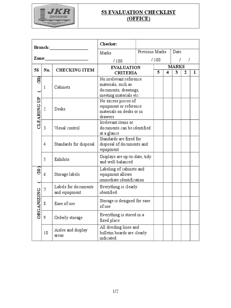 5S Evaluation Checklist for Offices | PDF