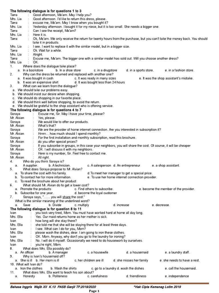 Soal Bahasa Inggris Wajib Xii