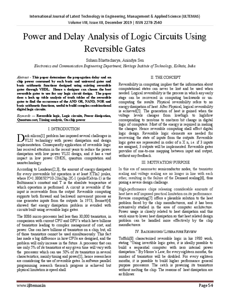 Power and Delay Analysis of Logic Circuits Using Reversible Gates | PDF ...