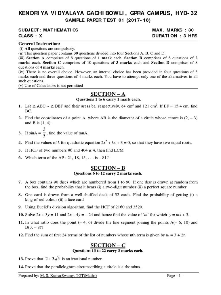 mathsclassxsamplepapertest01forboardexam2018 Area Triangle