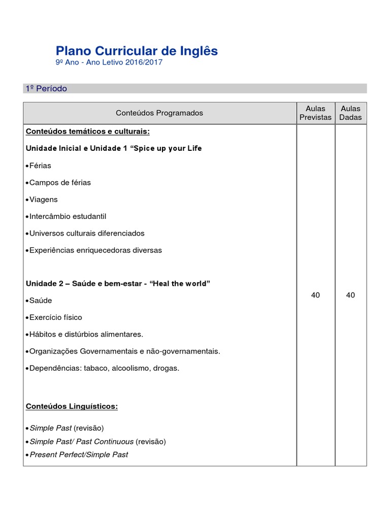 Plano Curricular Inglês 9 Ano | PDF | Idiomas