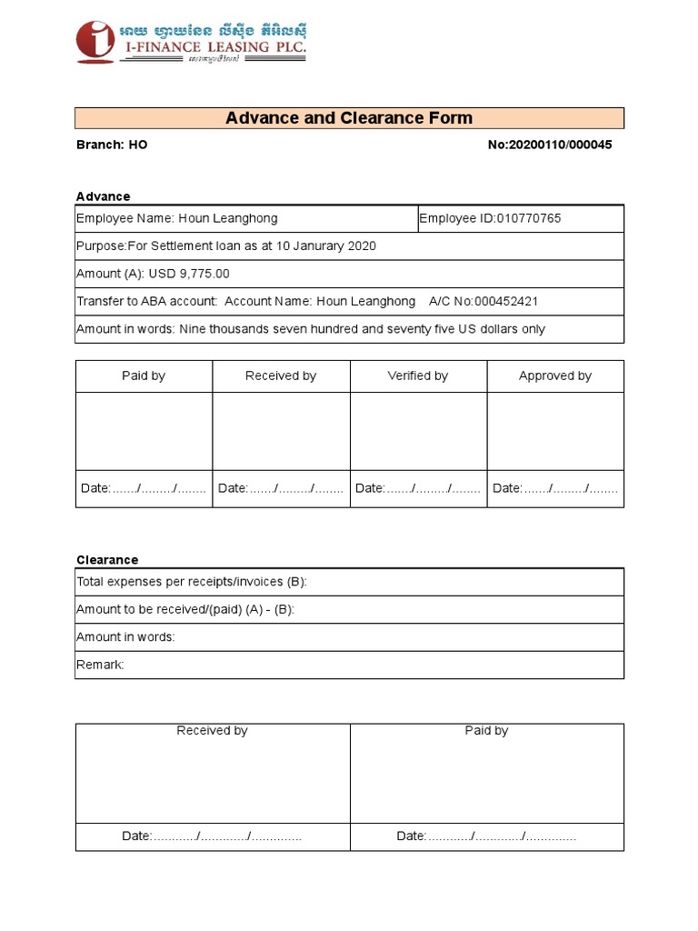 Advance and Clearance Form Template | PDF
