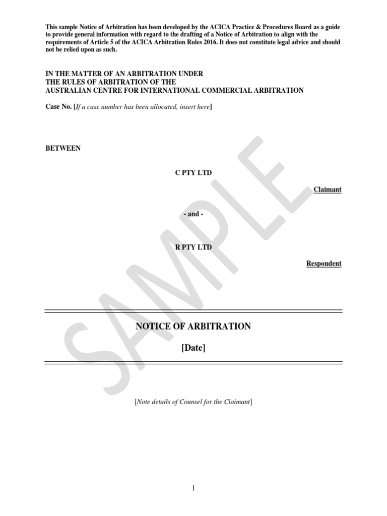 ACICA Sample Notice of Arbitration | PDF | Arbitral Tribunal | Arbitration