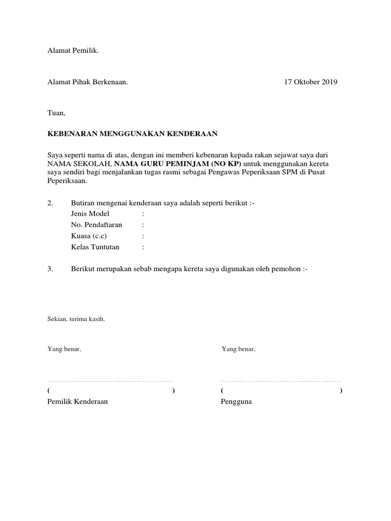 Surat Izin Penggunaan Kenderaan untuk Tugas Rasmi | PDF