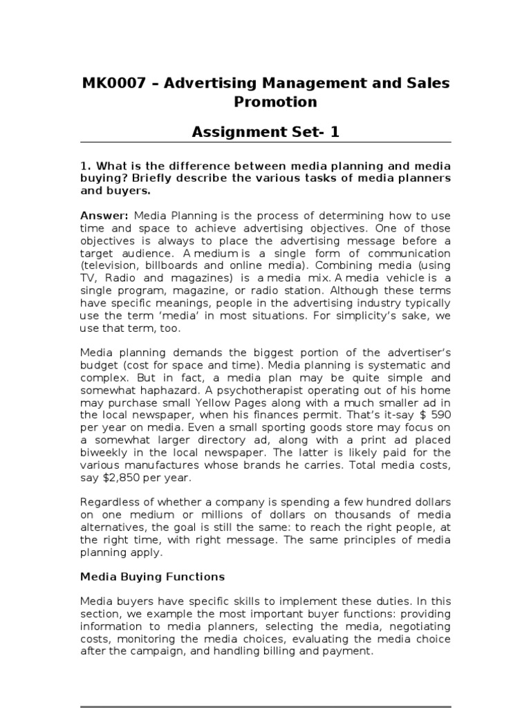 MK0007 - Advertising Management and Sales Promotion Assignment Set-1 ...