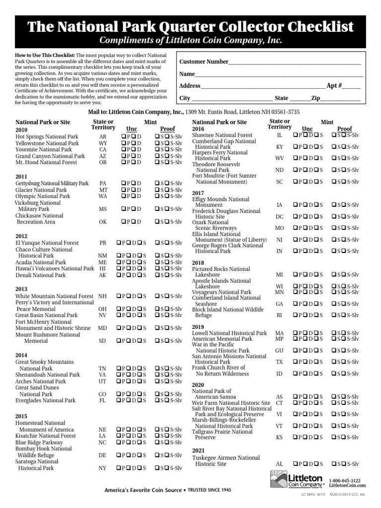 LC 3843 National Park Quarter Checklist | PDF | Protected Area ...
