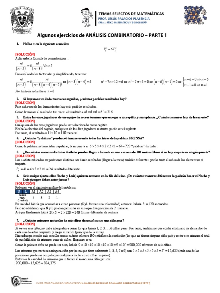007 - Algunos Ejercicios de Analisis Combinatorio - Parte 1 PDF | PDF ...