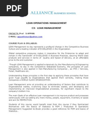 Lean Syllabus Lean Manufacturing Operations Management