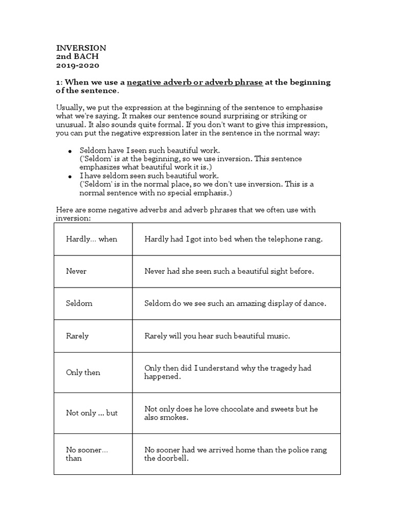Negative Inversion Explained | PDF | Adverb | Grammar