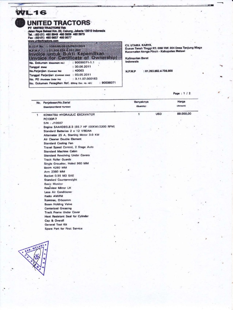 Komatsu Excavator Invoice Details | PDF