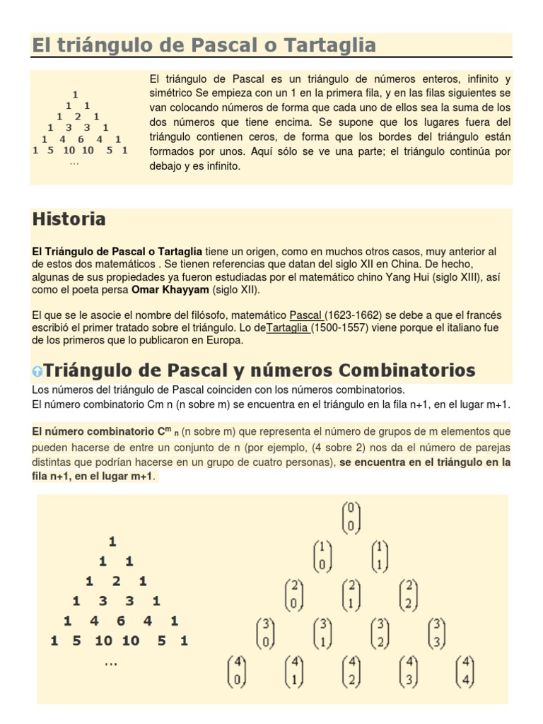 El triángulo de Pascal o Tartaglia Números Conceptos matemáticos