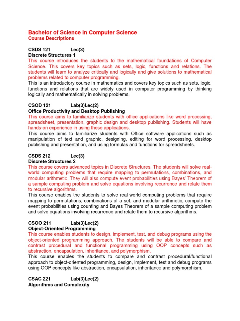 Bachelor of Science in Computer Science Course Description | PDF ...