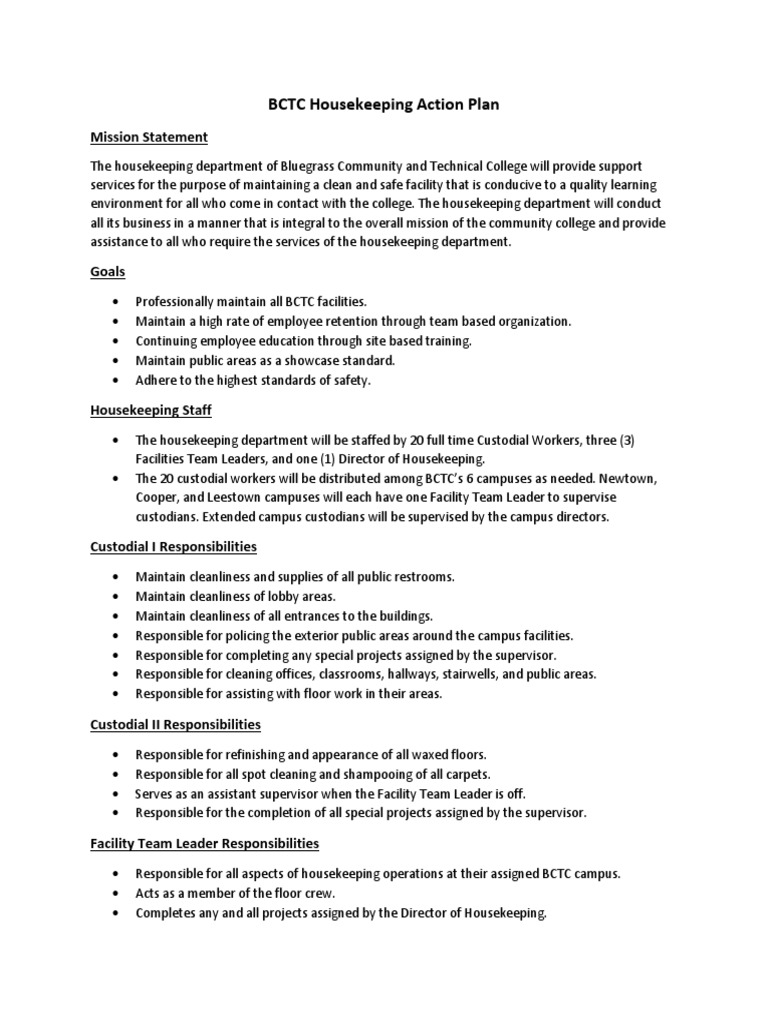 Housekeeping Action Plan PDF Housekeeping Supervisor