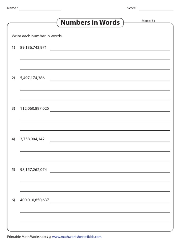 Writing Large Numbers in Words Worksheet | PDF
