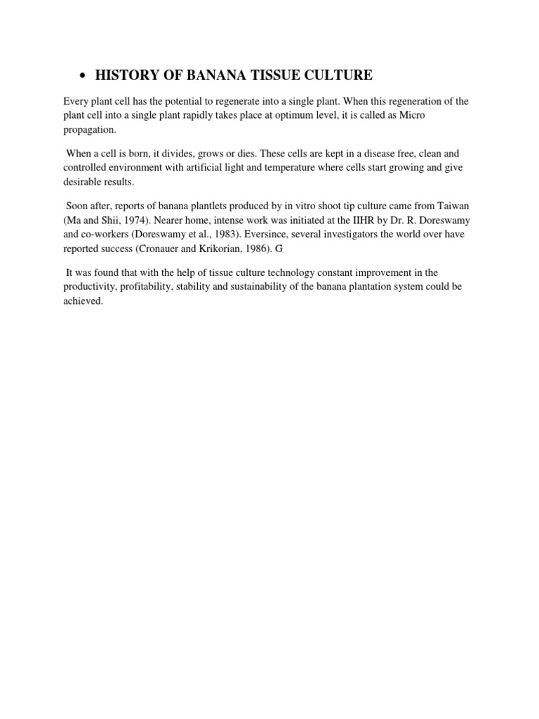 History of Banana Tissue Culture PDF Banana Soil