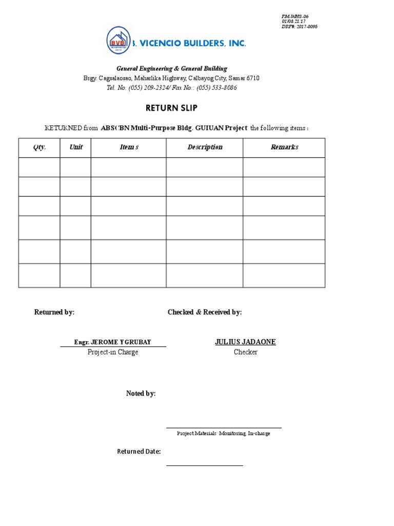Return Slip for ABSCBN Project Items | PDF