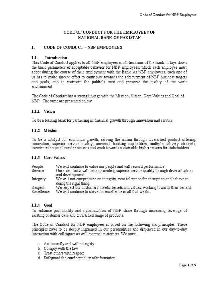 NBP Employees' Code of Conduct | PDF | Confidentiality | Conflict Of ...