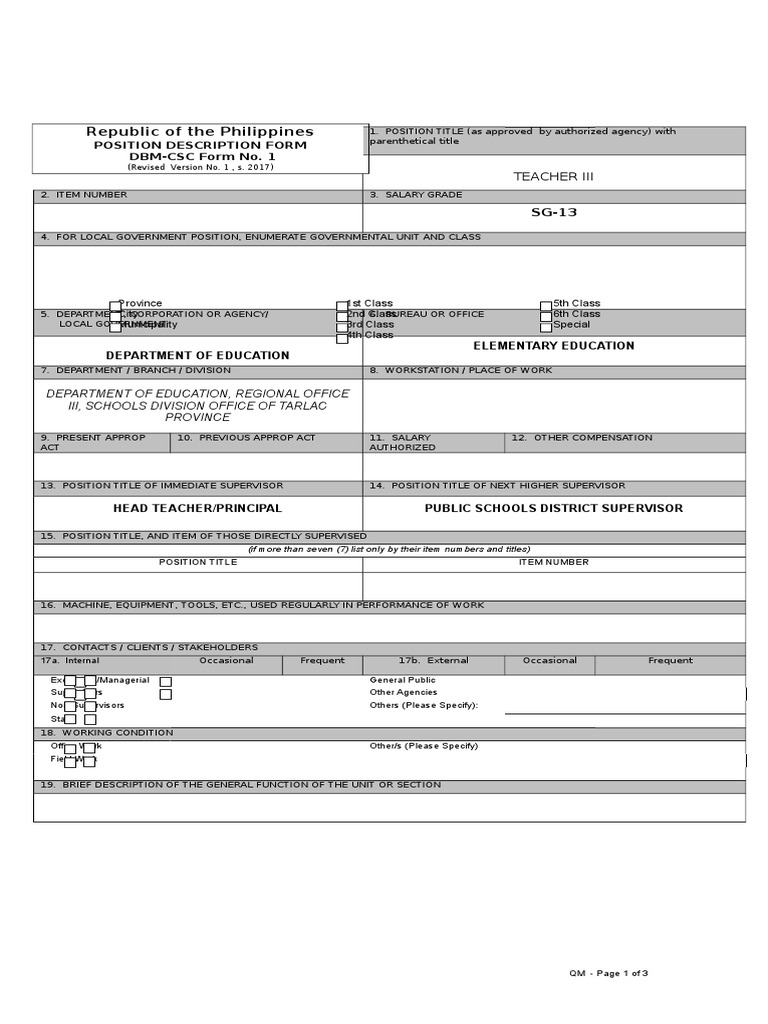POSITION DESCRIPTION FORM - CSC Revised 2017 (Elem.-Teacher III) | PDF ...