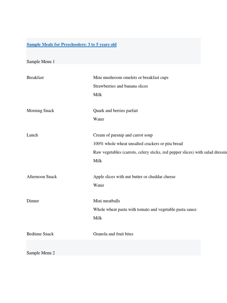 Sample Meals For Preschoolers | PDF