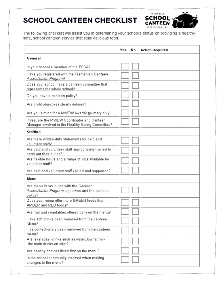 School Canteen Checklist | PDF | Menu | Foods