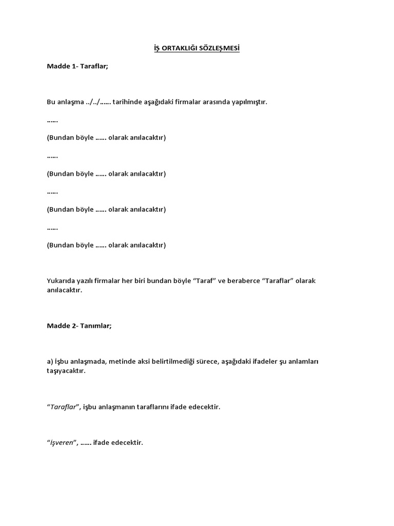 İs ortakliği sözleşmesİ pdf