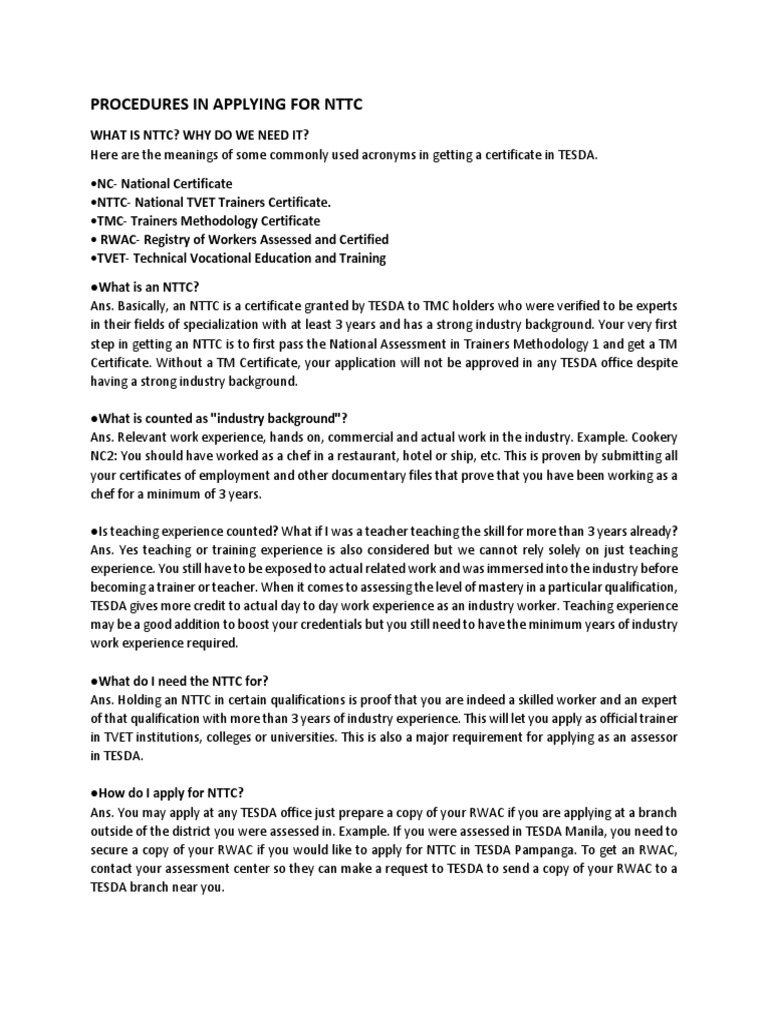 NTTC Application Process and Requirements | PDF | Vocational Education ...
