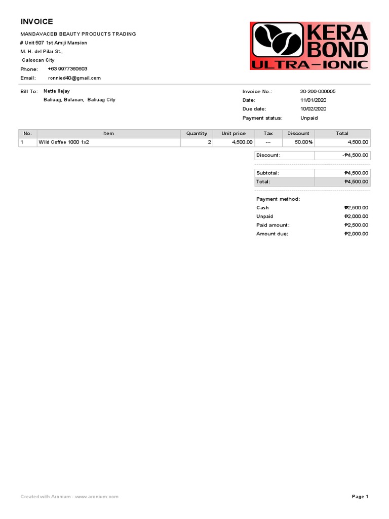 Sample Sale Invoice for Beauty Products | PDF