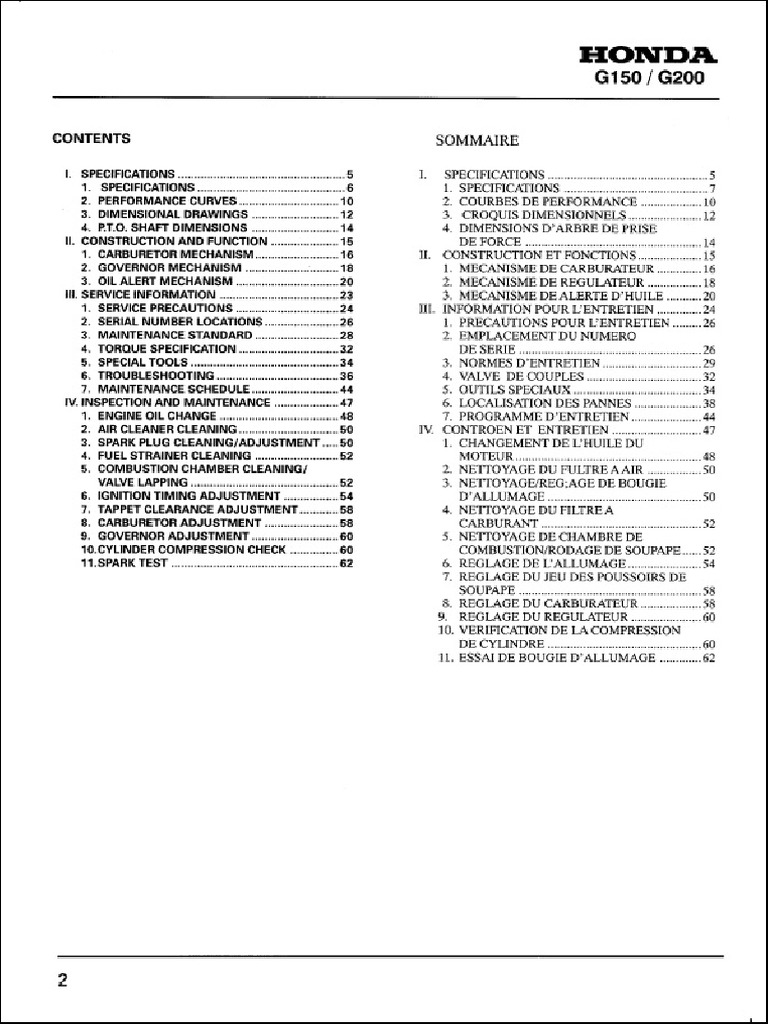 Manuel D’atelier Honda G150 Et G200 – Moteurs – Multilingue (anglais, Français, Allemand, Espagnol)