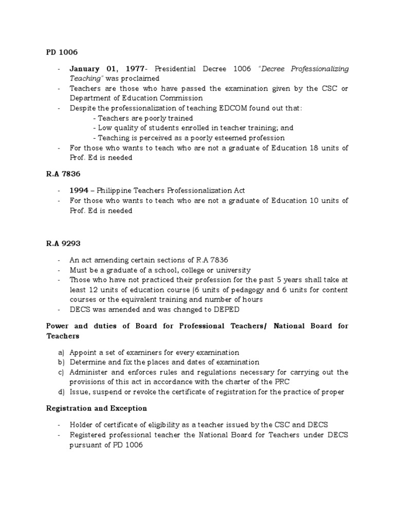 pd1006, Ra 7836, Ra 9293 | PDF | Teachers | Licensure