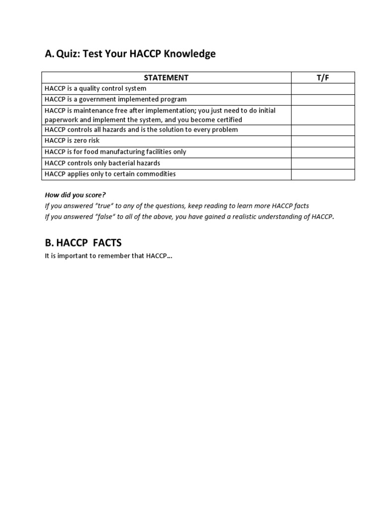 haccp quiz.docx Hazard Analysis And Critical Control Points Food Safety