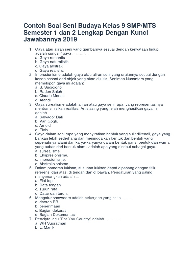 Soal Seni Budaya Kelas 9 Lengkap | PDF | Kajian Bahasa Asing