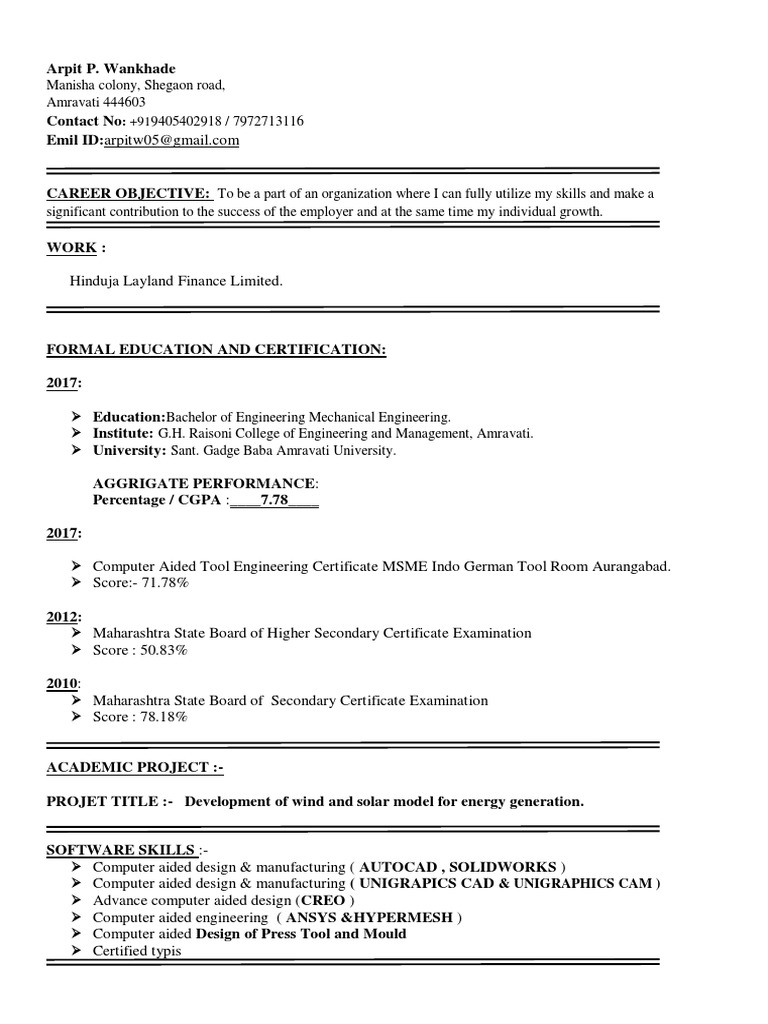 Arpit - Resume 161294 PDF | PDF | Computer Aided Design | Engineering