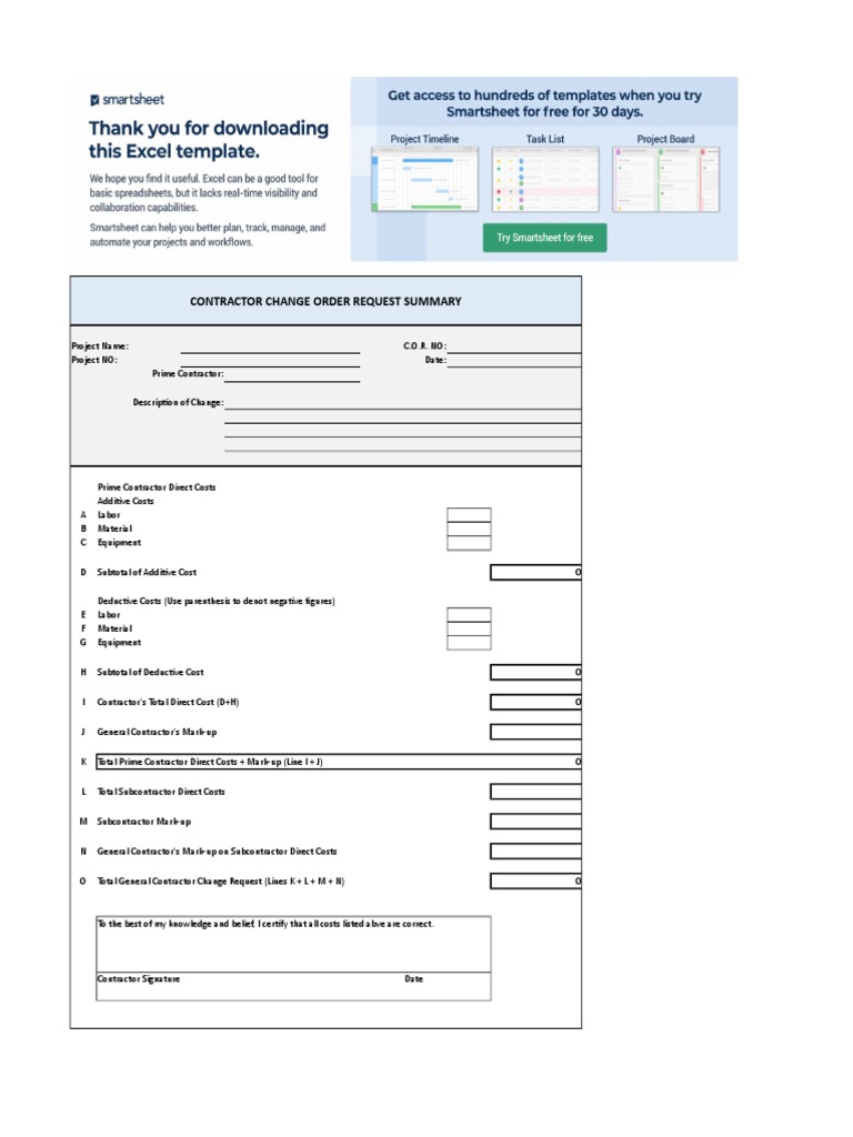 Excel Construction Project Management Change Order Request Summary ...