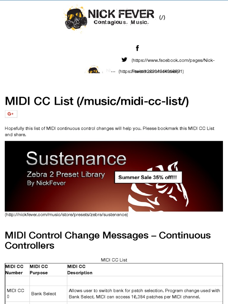 MIDI CC List PDF Synthesizer Musical Instruments