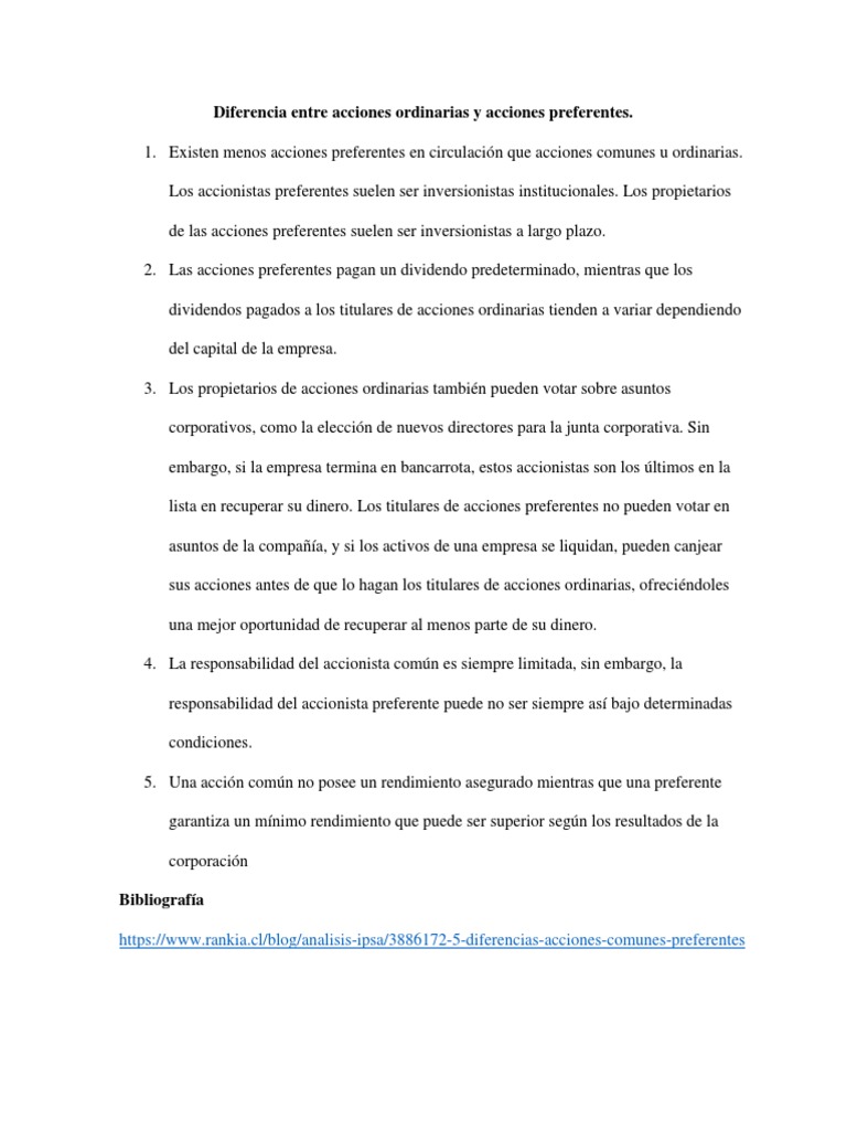 Diferencia Entre Acciones Ordinarias y Acciones Preferentes PDF