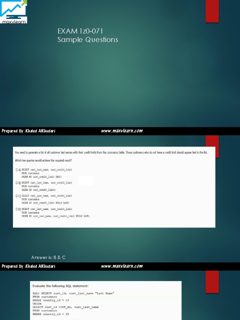 Sample Questions and Answers for Oracle Database Fundamentals Exam (1Z0 ...