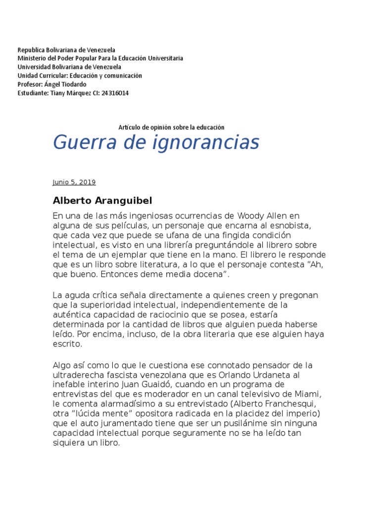 Articulo de Opinion Sobre La Educacion PDF Educación avanzada