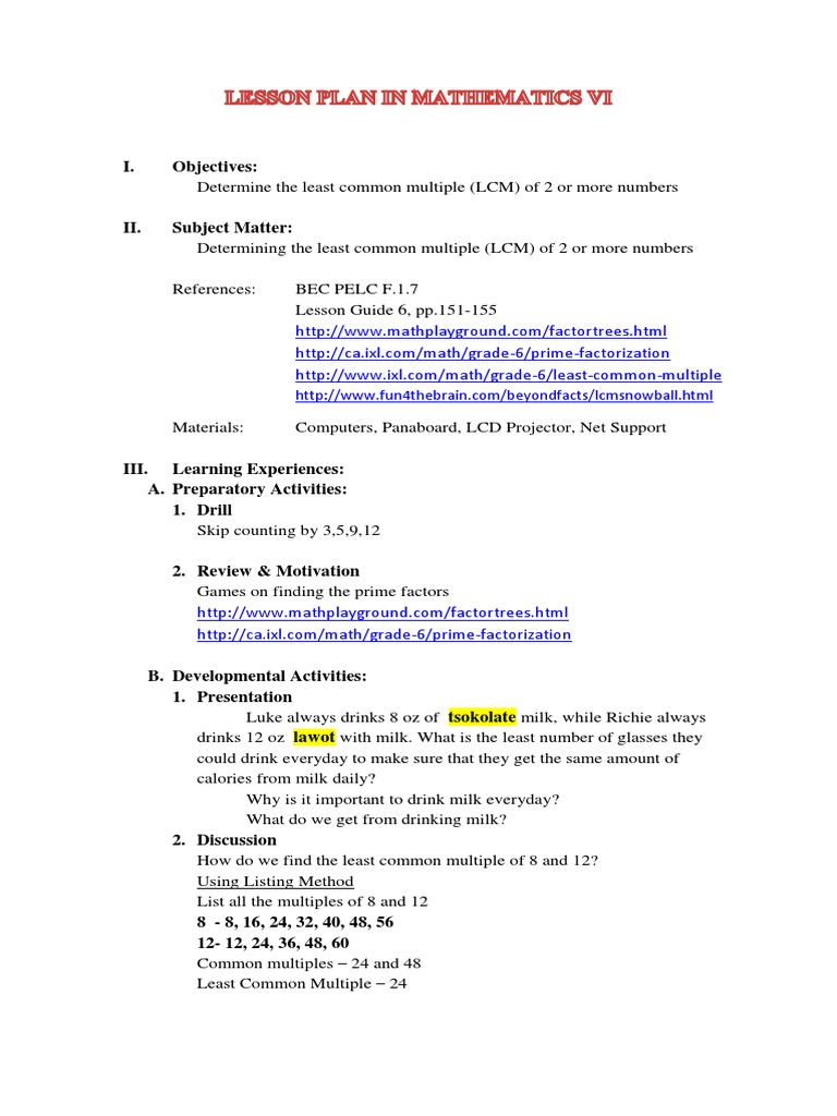LCM Lesson Plan for Grade 5 | PDF | Applied Psychology | Behavior ...