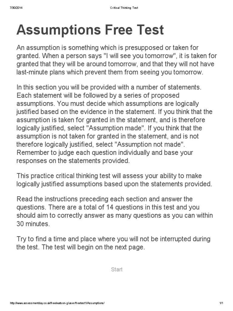 Free Critical Thinking Assumptions Test | PDF