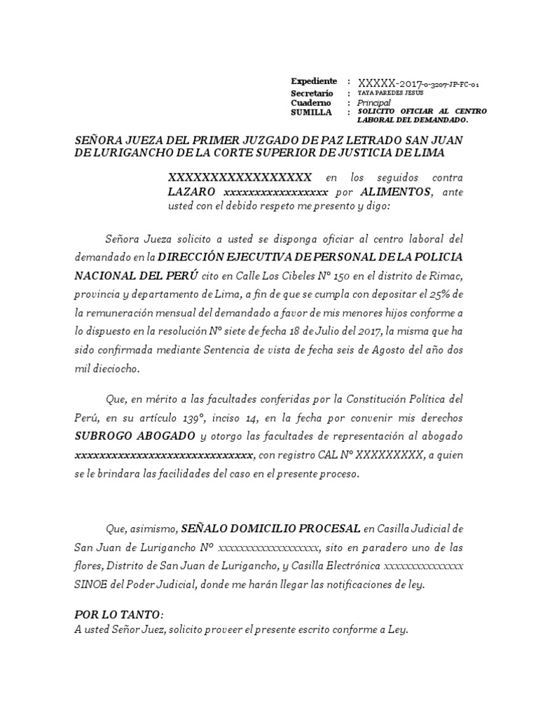 Solicito Oficiar Al Centro Laboral Del Demandado Policia | PDF