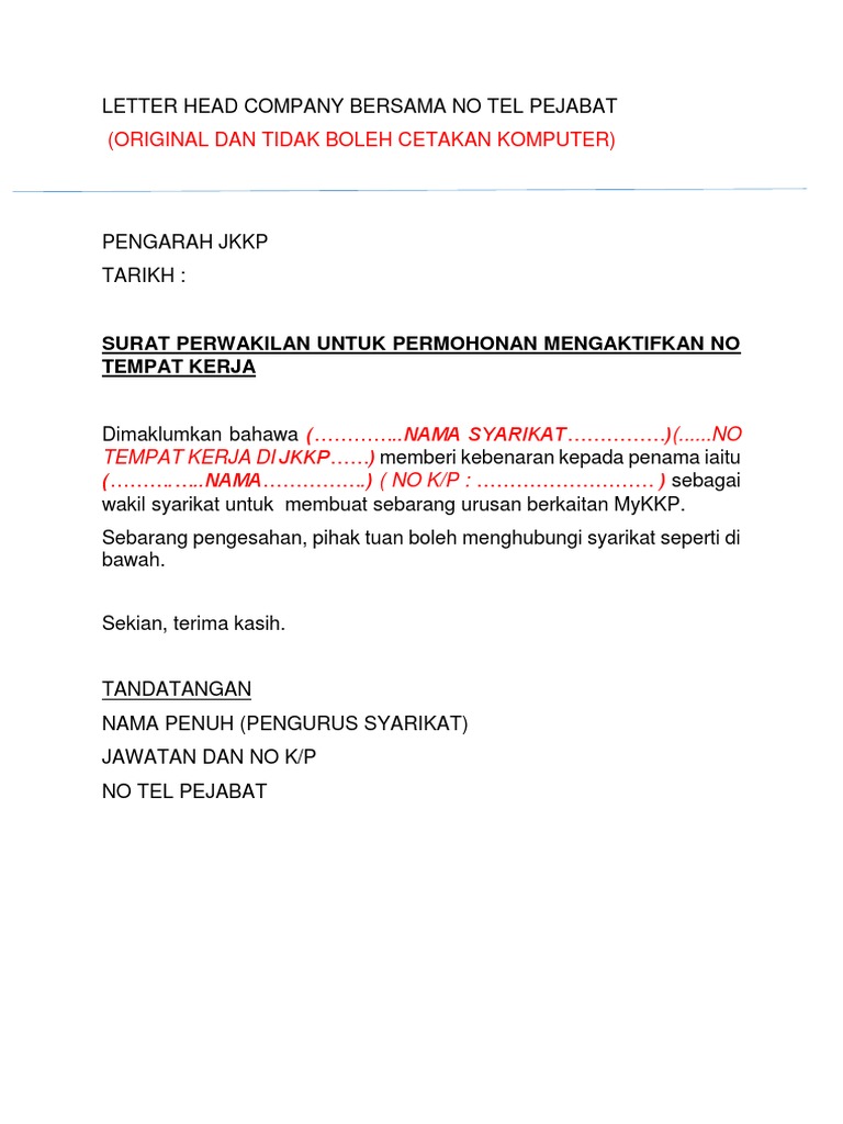 Contoh Surat Wakil Kuasa Aktif Tempat Kerja 1 Pdf
