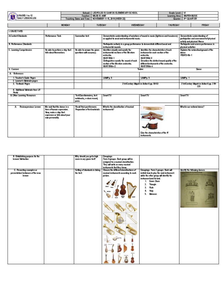 MAPEH Music Lesson Plan for Grade VI | PDF | Musical Instruments ...