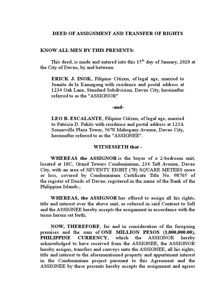 Deed of Assignment and Transfer of Rights | PDF | Assignment (Law ...