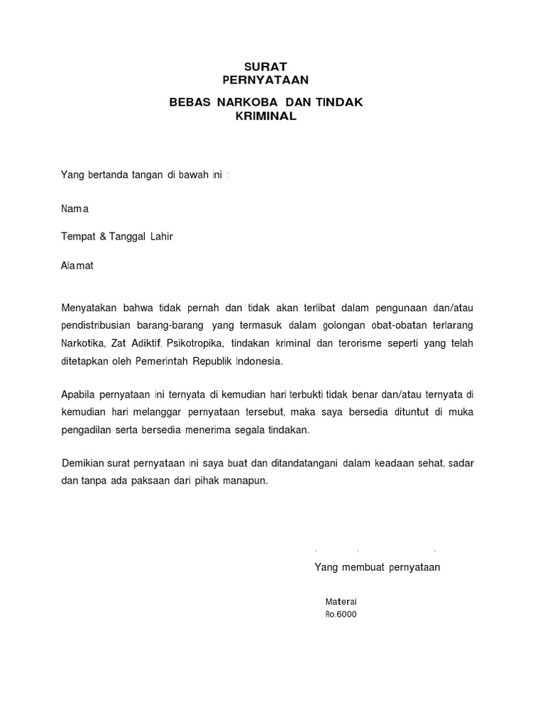 Contoh Surat Pernyataan Bebas Narkoba Dan Tindak Kriminal