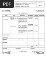 Humanities 1 - Table of Specification Sample (College Level)